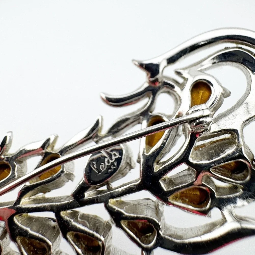 Ledo‎ Vintage Silver Tone Blue Rhinestone Feather Brooch Pin Costume Jewelry